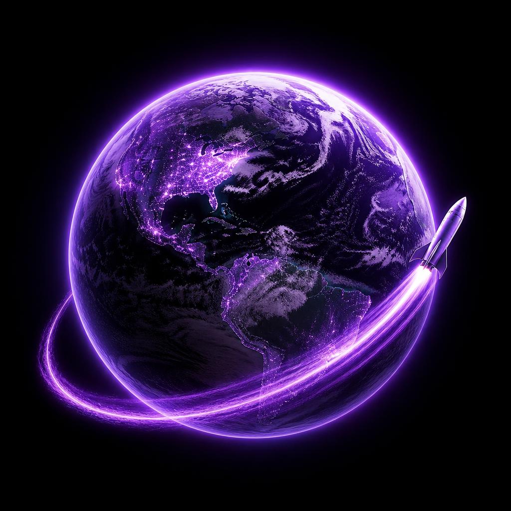 Planeta Terra em roxo neon com um foguete em órbita, representando a atuação internacional da Rocket